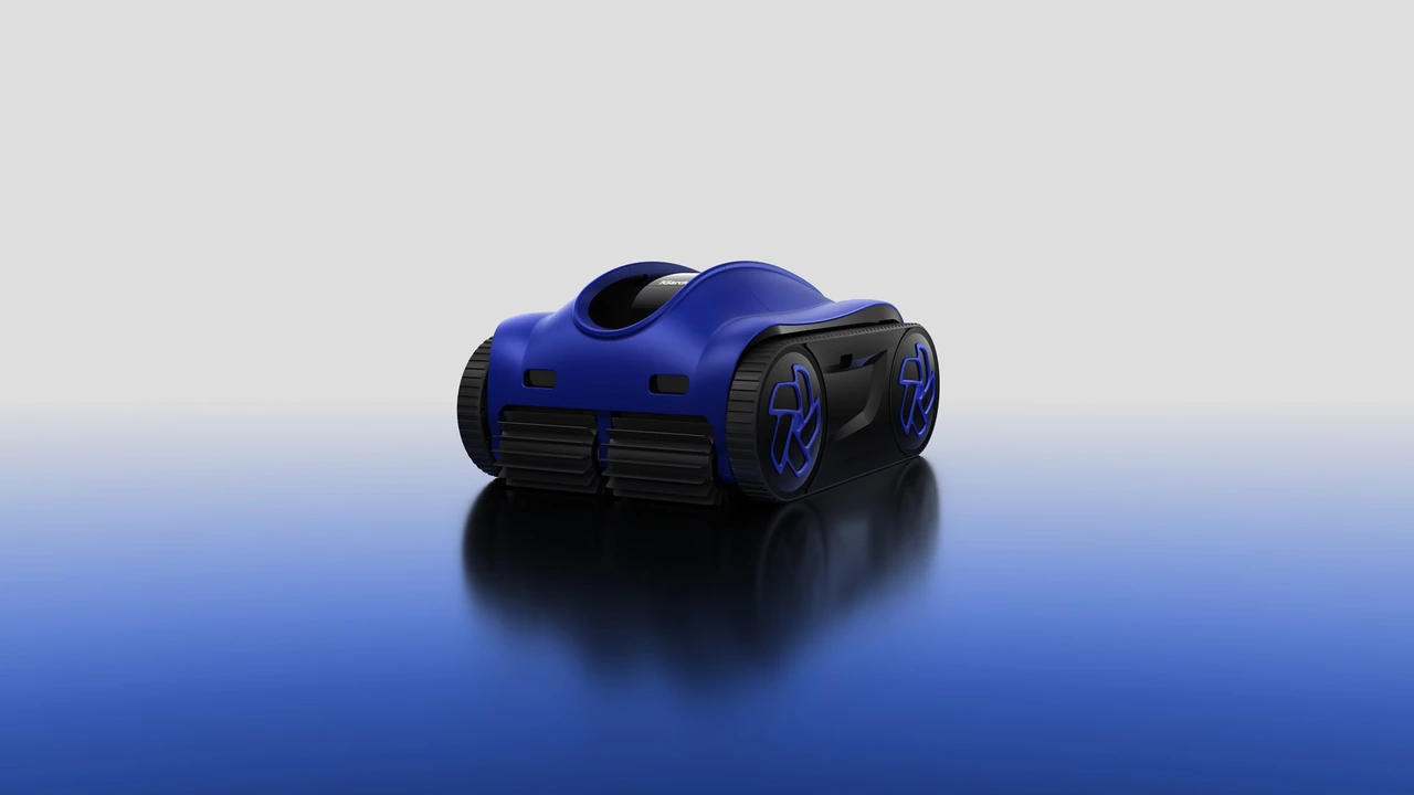 Blue robotic cleaner studio rendering