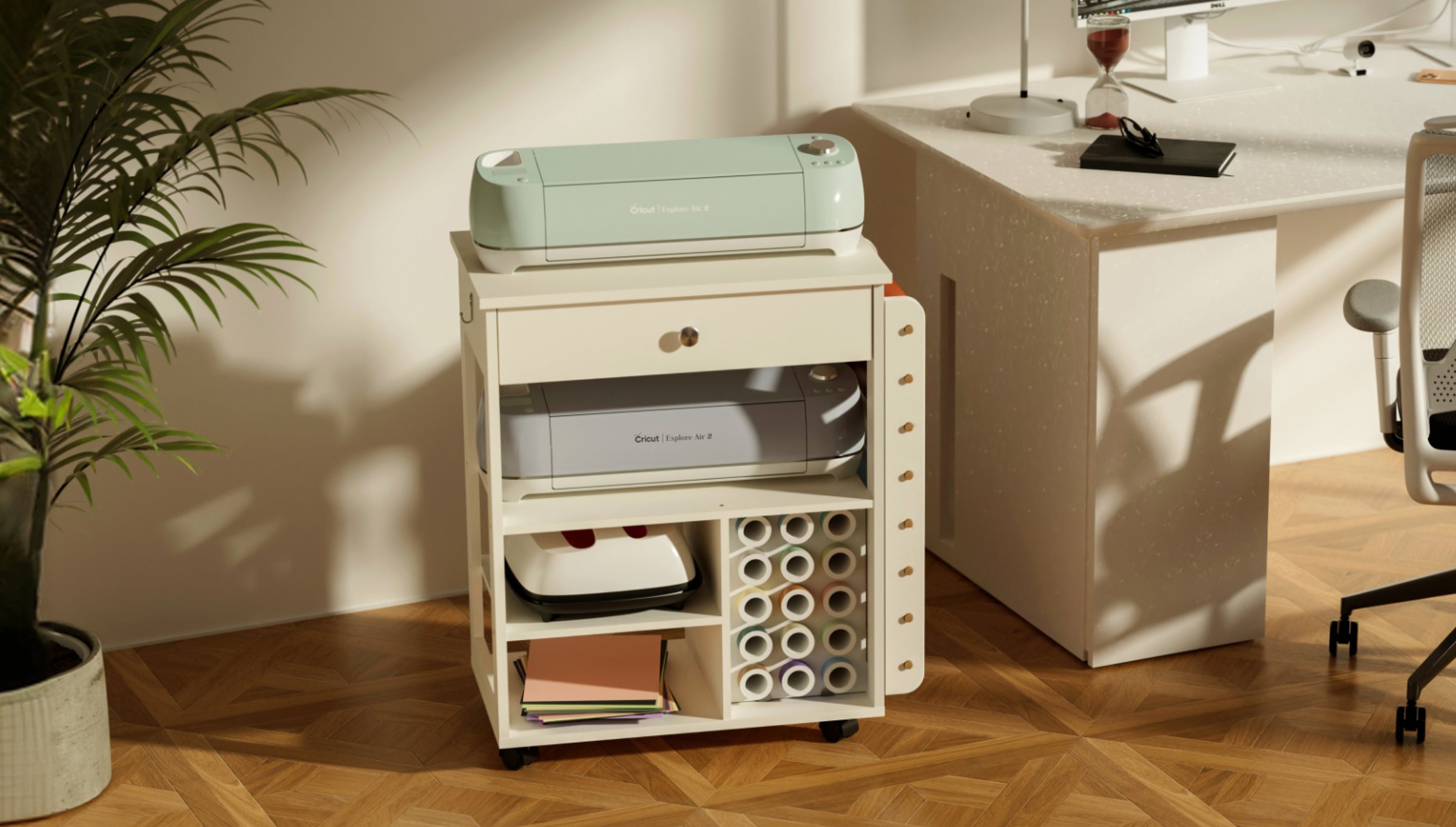 Craft workspace cart rendered in a sunlit interior