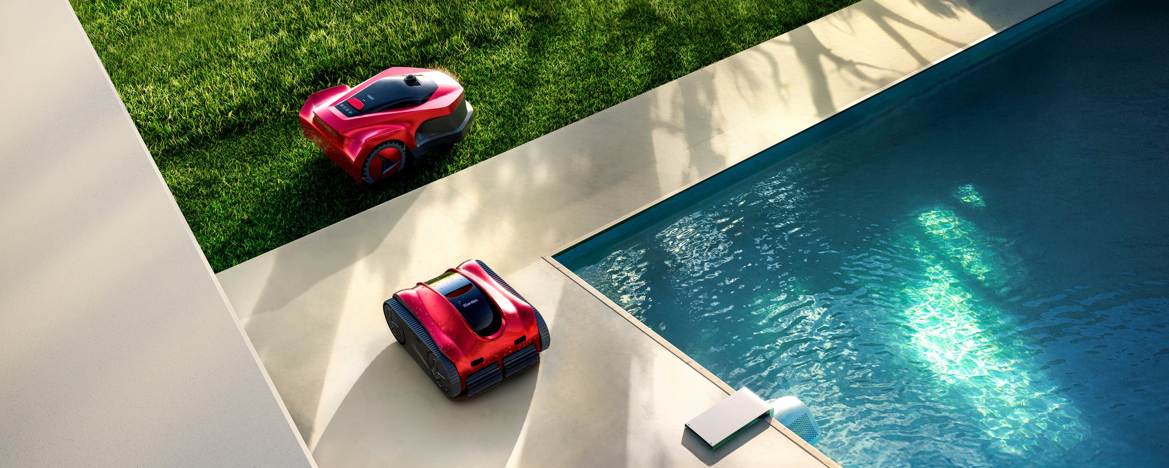 Robotic pool cleaner rendered in an architectural pool environment